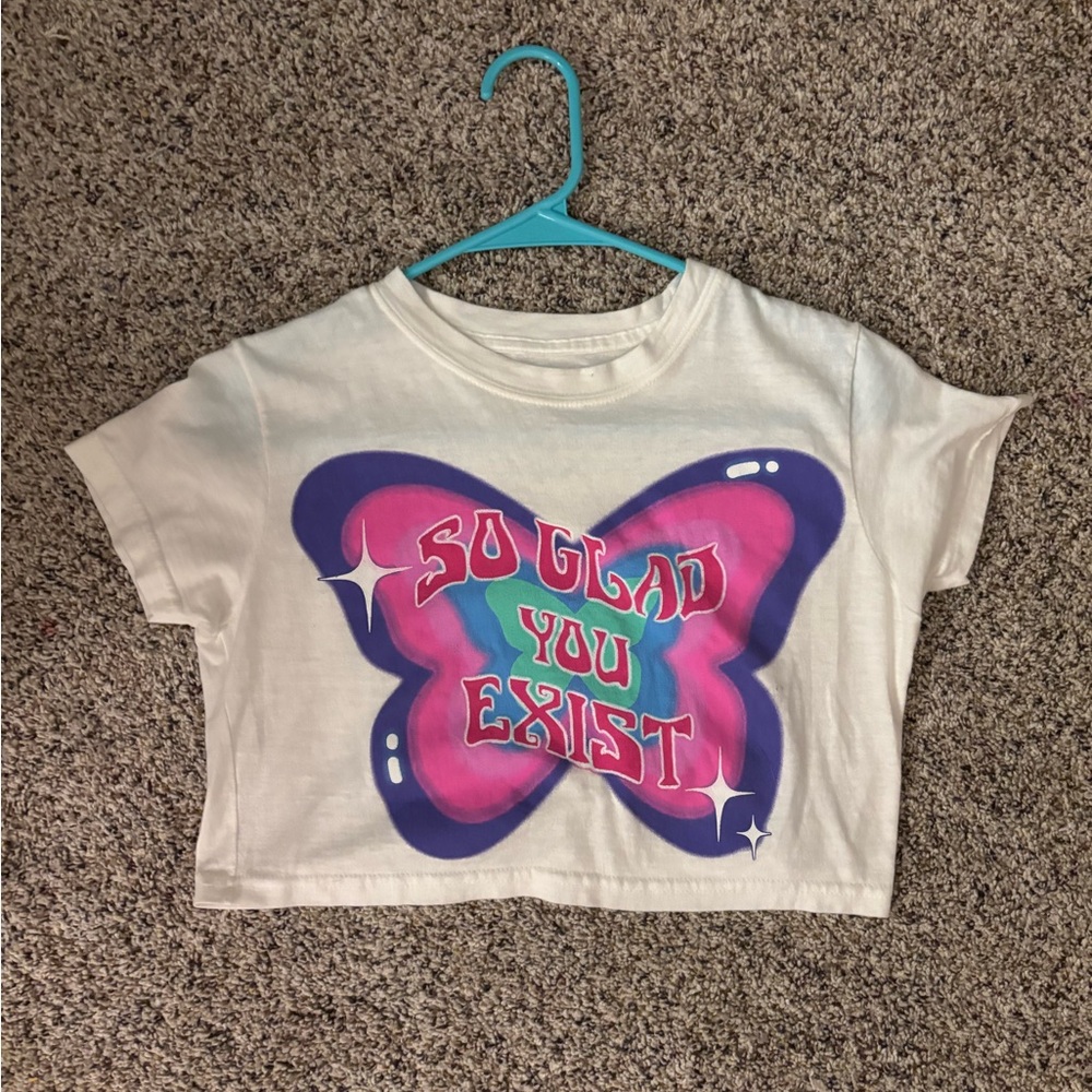 PacSun White Crop Top with Colorful Butterfly Graphic